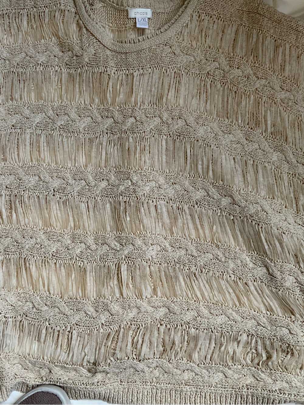 Chico's Beige Open-Knit Fringe Tunic Sweater Sz L/XL
